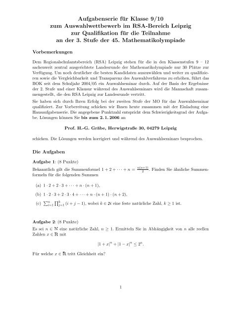 Aufgabenserie für Klasse 9/10 zum Auswahlwettbewerb im ... - LSGM