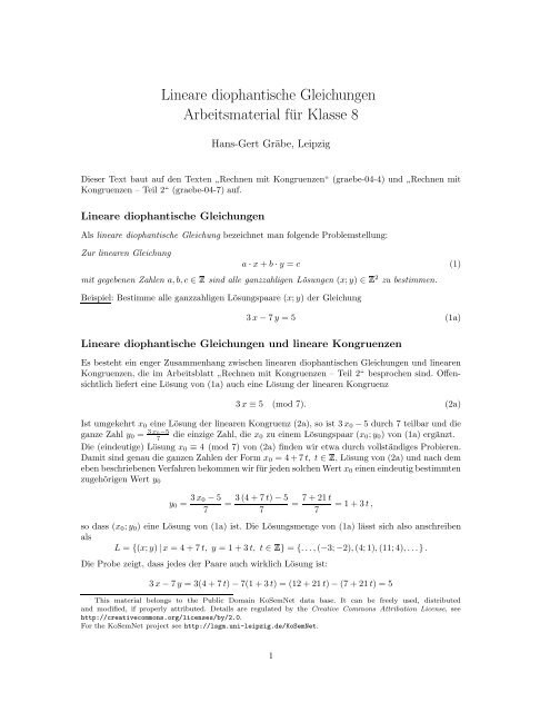 Lineare diophantische Gleichungen Arbeitsmaterial für ... - LSGM