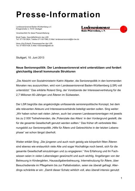 10.06.2013 - Der Landesseniorenrat Baden-Württemberg eV