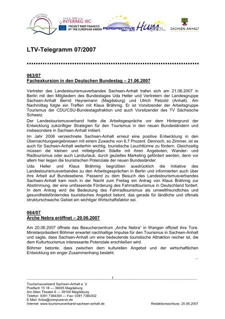 LTV-Telegramm 07/2007 - Tourismusverband Sachsen-Anhalt