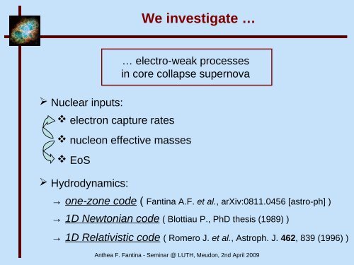 Type II Supernovae: electro-weak processes and systematic ... - LUTH