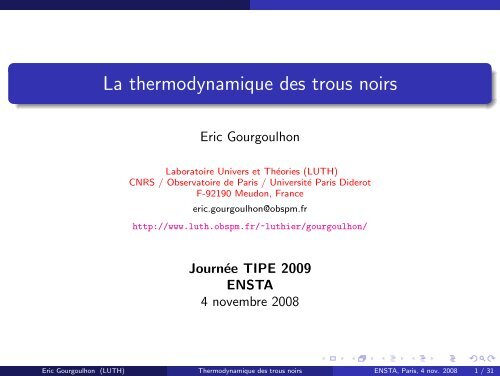 La thermodynamique des trous noirs - LUTh - Observatoire de Paris