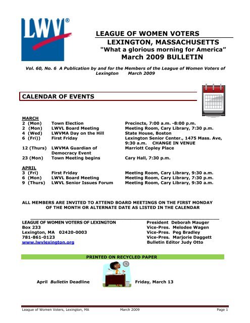 March 2009 BULLETIN - League of Women Voters of Lexington