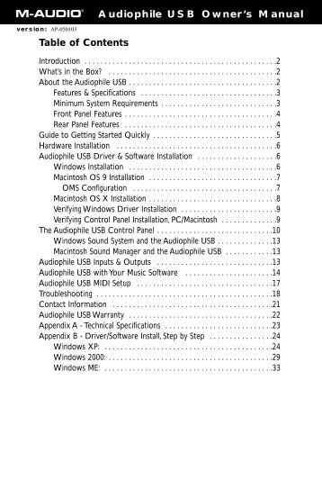 Table of Contents Audiophile USB Owner's Manual - M-Audio