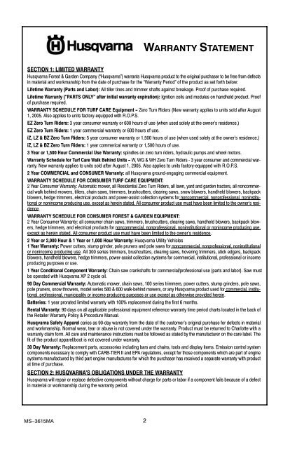 Husqvarna Warranty Chart