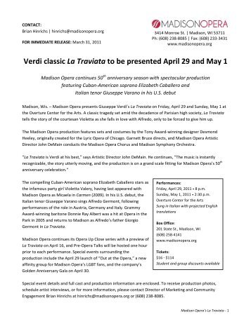 Verdi classic La Traviata to be presented April 29 ... - Madison Opera