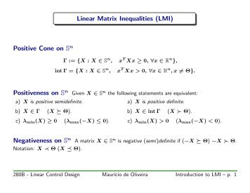 Linear Matrix Inequalities (LMI) Positive Cone on Sn Positiveness on ...