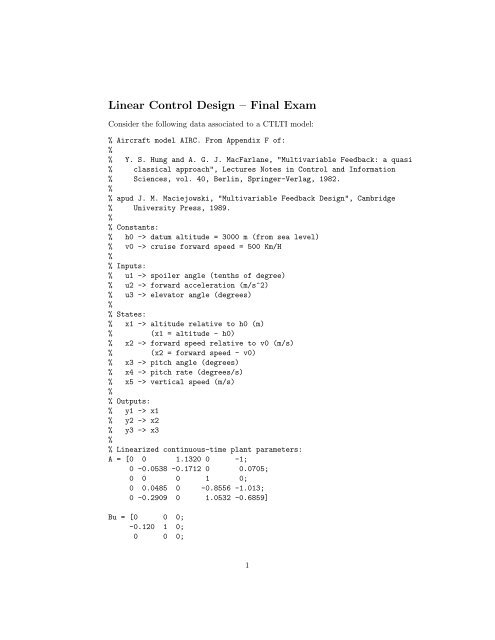 Linear Control Design – Final Exam
