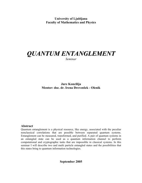 quantum entanglement - Univerza v Ljubljani