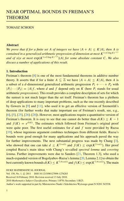NEAR OPTIMAL BOUNDS IN FREIMAN'S THEOREM
