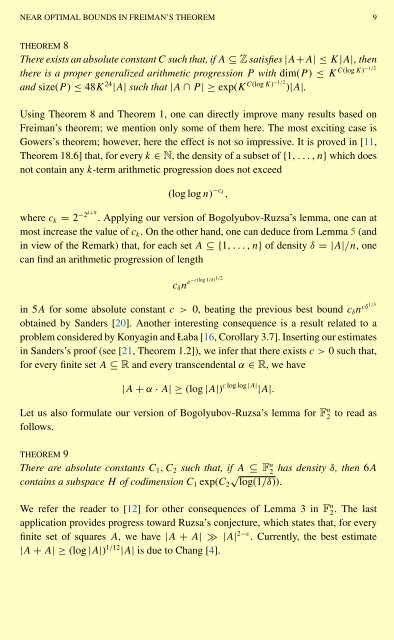 NEAR OPTIMAL BOUNDS IN FREIMAN'S THEOREM