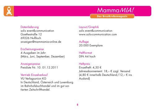 Das Brustkrebsmagazin Mediadaten 2012 - Mamma Mia!
