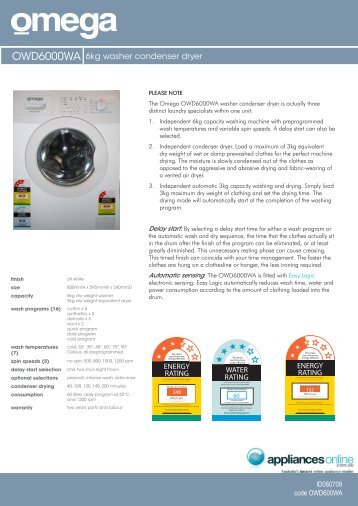 OWD6000WA 6kg washer condenser dryer - Appliances Online