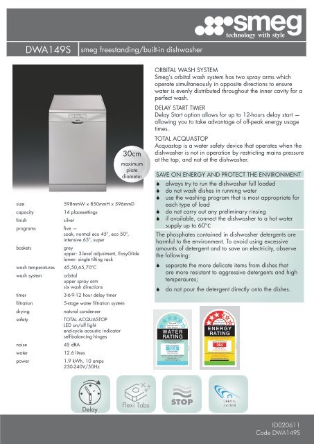 DWA149S smeg freestanding/built-in dishwasher 30cm - Appliances ...