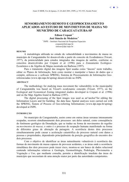 sensoriamento remoto e geoprocessamento aplicados ao ... - Inpe