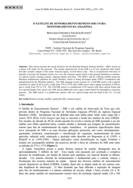 O SATÉLITE DE SENSORIAMENTO REMOTO SSR-1 PARA ...