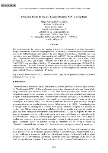Estimativa de cota do Rio Alto Taquari utilizando NDVI e ... - Inpe