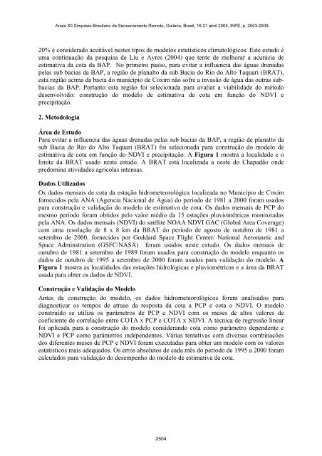 Estimativa de cota do Rio Alto Taquari utilizando NDVI e ... - Inpe