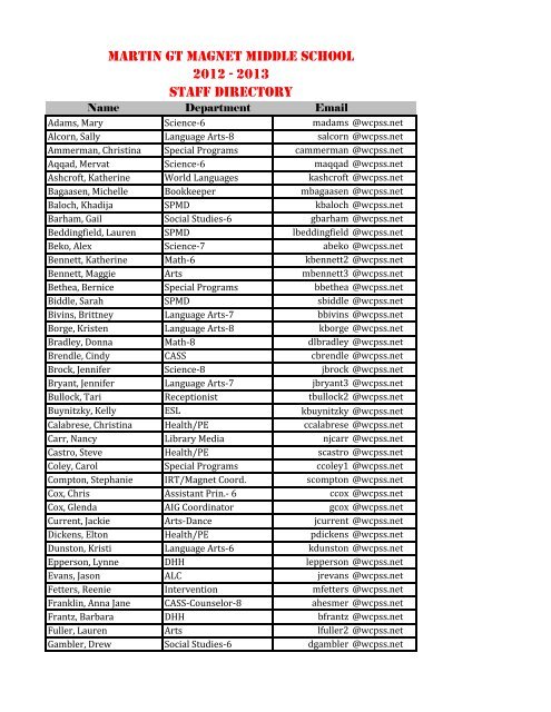 Martin GT Magnet Middle School 2012 - 2013 Staff Directory