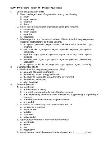 EVPP 110 Lecture – Exam #1 - Practice Questions I. Levels of ...