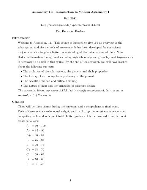 Astronomy 111: Introduction to Modern Astronomy I Fall 2011 http ...