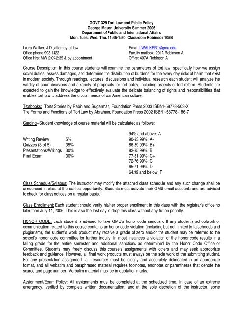 GOVT 329 Tort Law and Pub Pol Syllabus - George Mason University