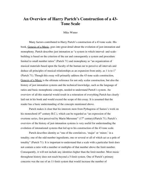 An Overview of Harry Partch's Construction of a 43- Tone Scale
