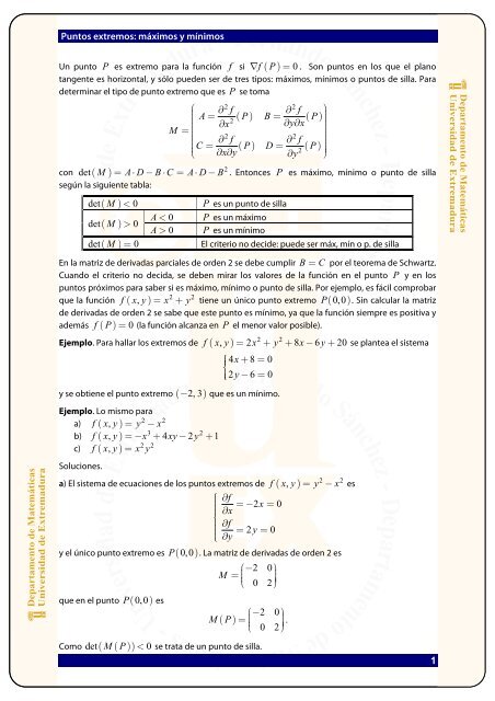 Maximos Minimos Y Puntos De Silla Departamento De Matematicas