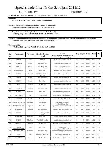 Sprechstundenliste für das Schuljahr 2011/12 - HTL Wien 10