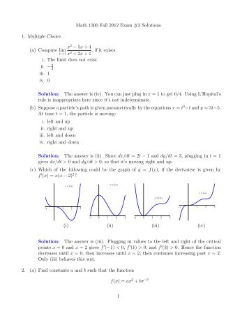 Math 1300 Fall 2012 Exam #3 Solutions 1. Multiple Choice. (a ...