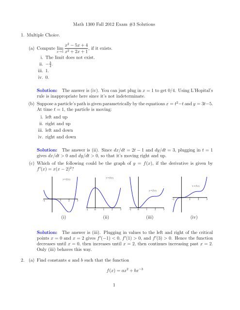 Math 1300 Fall 2012 Exam #3 Solutions 1. Multiple Choice. (a ...
