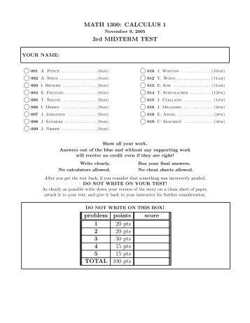 MATH 1300: CALCULUS 1 3rd MIDTERM TEST problem points ...