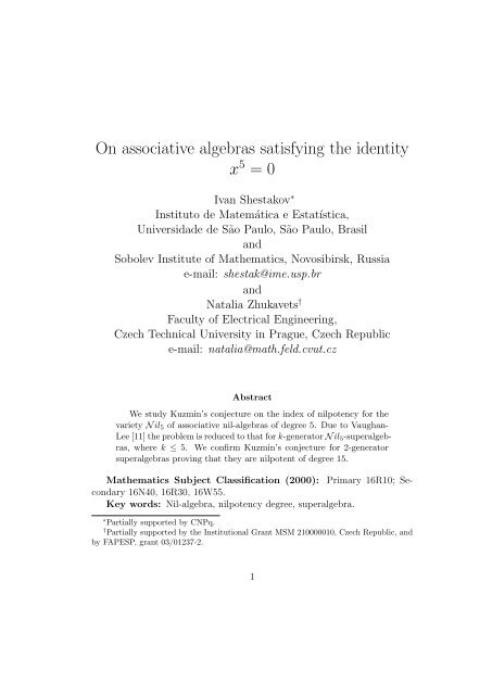 On associative algebras satisfying the identity x = 0 - Czech ...