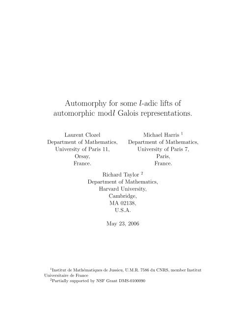 Automorphy for some l-adic lifts of automorphic modl Galois ...