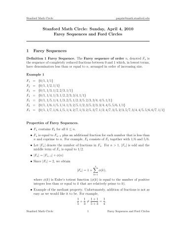 Stanford Math Circle: Sunday, April 4, 2010 Farey Sequences and ...