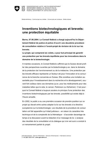 Communiqué aux médias - Inventions biotechnologiques et brevets ...