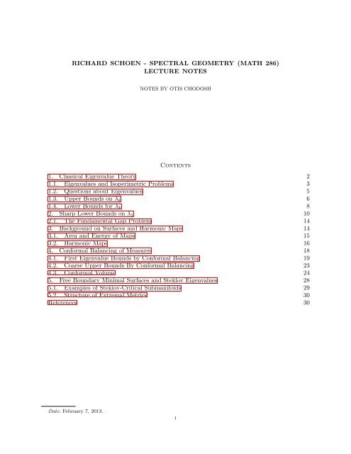 RICHARD SCHOEN - SPECTRAL GEOMETRY (MATH 286 ...