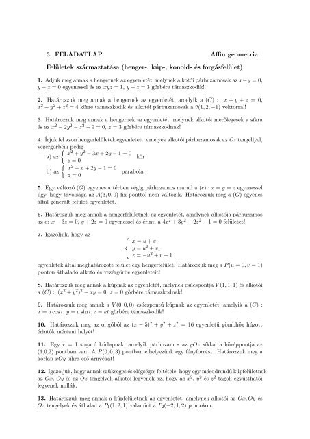 3. FELADATLAP Affin geometria Felületek származtatása (henger ...