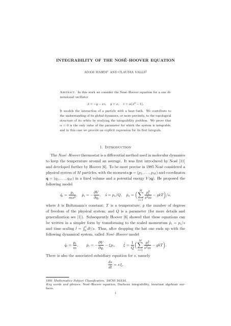 INTEGRABILITY OF THE NOSÉ–HOOVER EQUATION 1 ...