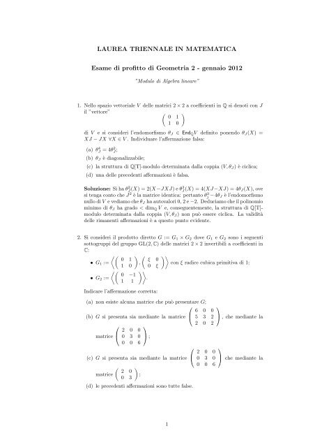 Algebra lineare - Dipartimento di Matematica e Informatica