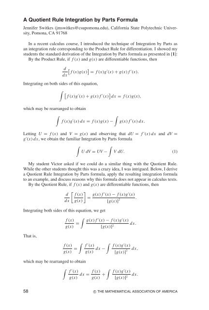 Formula parts integration by Calculus II