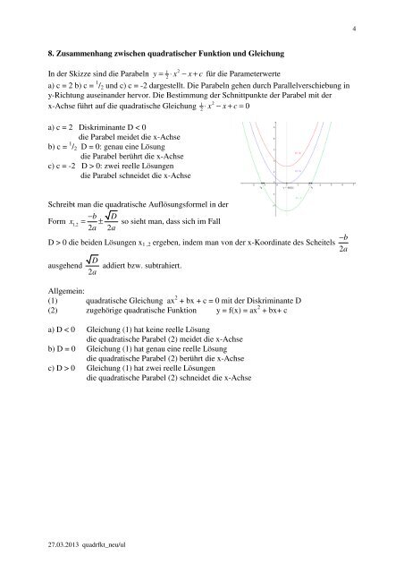 7. Quadratische Funktionen lineare Funktion: y = f (x) = ax + b Graph ...