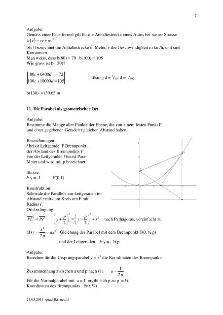 7. Quadratische Funktionen lineare Funktion: y = f (x) = ax + b Graph ...