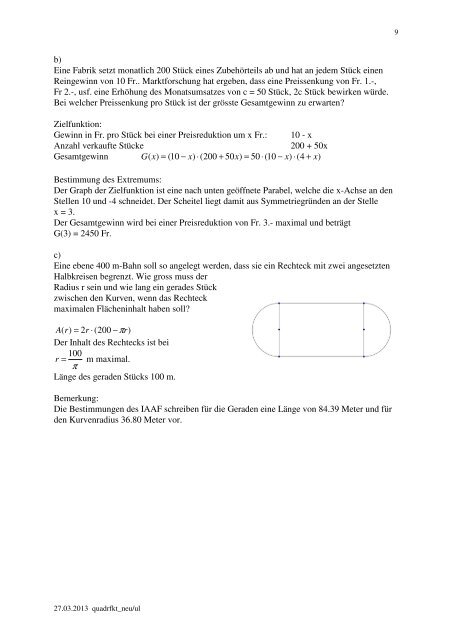 7. Quadratische Funktionen lineare Funktion: y = f (x) = ax + b Graph ...