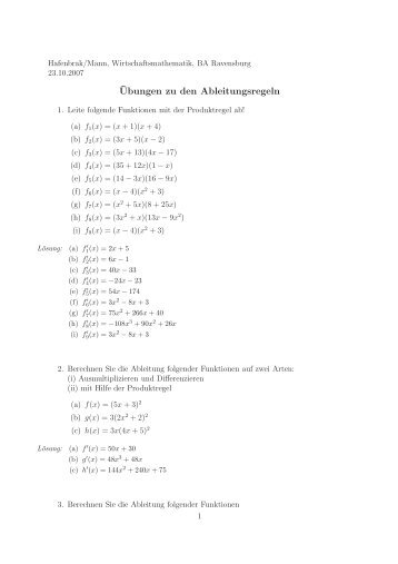 ¨Ubungen zu den Ableitungsregeln - Mathematik