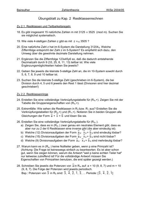 Übungsblatt zu Kap. 2 Restklassenrechnen - Mathematik