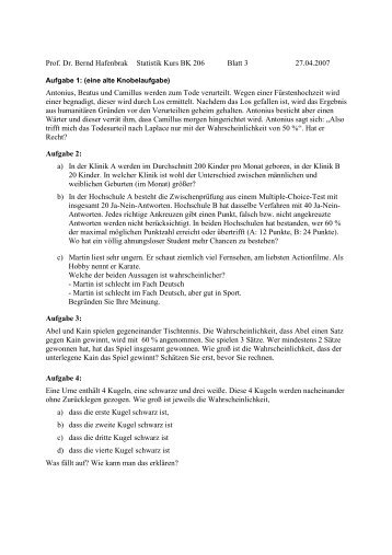 Prof. Dr. Bernd Hafenbrak Statistik Kurs BK 206 Blatt 3 ... - Mathematik