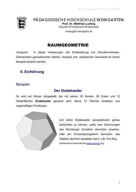 Der Würfel im Dodekaeder - Mathematik - Pädagogische ...
