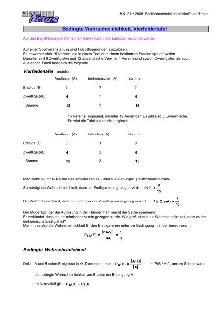 Bedingte Wahrscheinlichkeit Vierfeldertafel Mathenexus