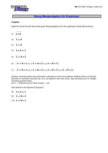 Übung Mengenalgebra (für Ereignisse) - MatheNexus